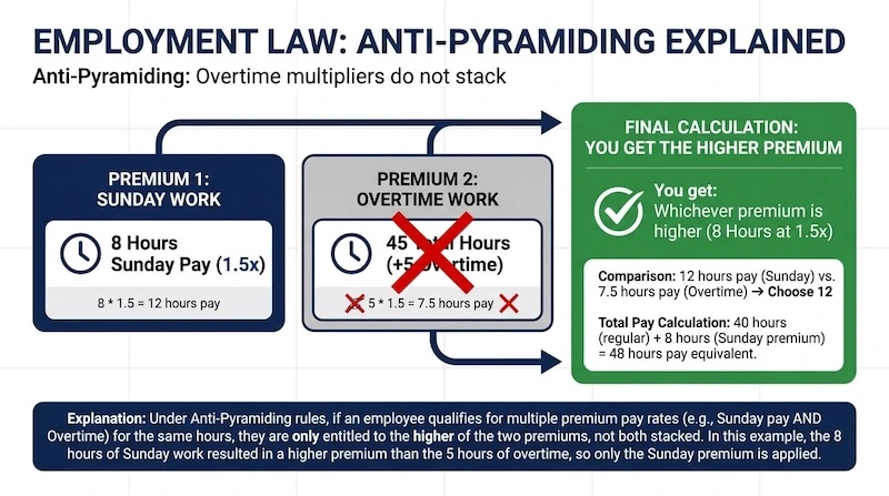 A mathematical breakdown showing that 8 hours of Sunday Premium Pay cancels out the first 8 hours of standard weekly overtime to prevent double dipping.
