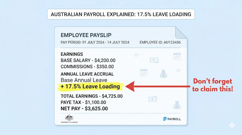 A semantic close-up photograph of an Australian final payslip. Under the 'Leave Payouts' section, a line reading 'Base Annual Leave' is followed by another distinct line explicitly labeled '+ 17.5% Leave Loading'. A precise red circle highlights this entire loading calculation, indicating it is an essential part of the final paycheck. Highly professional financial UI aesthetic.