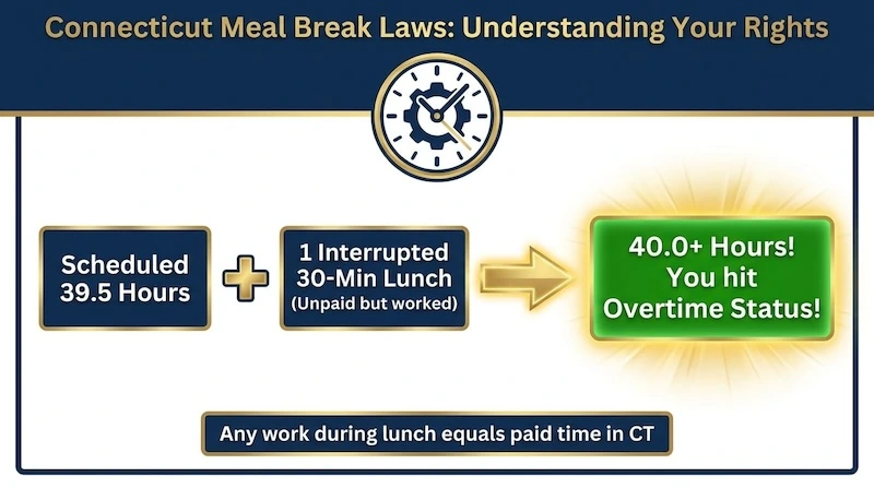 Flowchart explaining the Connecticut meal break law. Uninterrupted lunch = unpaid. Interrupted lunch = 0.5 hours of paid time, which can trigger weekly overtime.