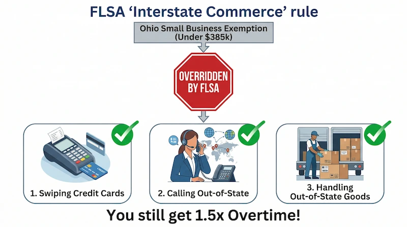Flowchart showing how federal FLSA interstate commerce protections override the Ohio state small business exemption