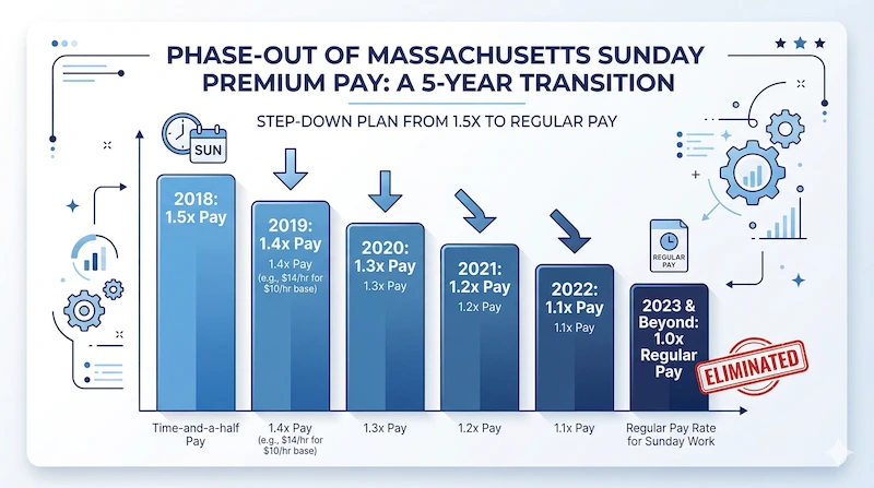 A descending bar chart showing the 5-year phase-out of the Massachusetts Sunday Premium Pay law. It starts at 1.5x in 2018, drops to 1.4x, 1.3x, 1.2x, 1.1x in subsequent years, and finally hits a flat 1.0x (Regular Pay) from 2023 onward.