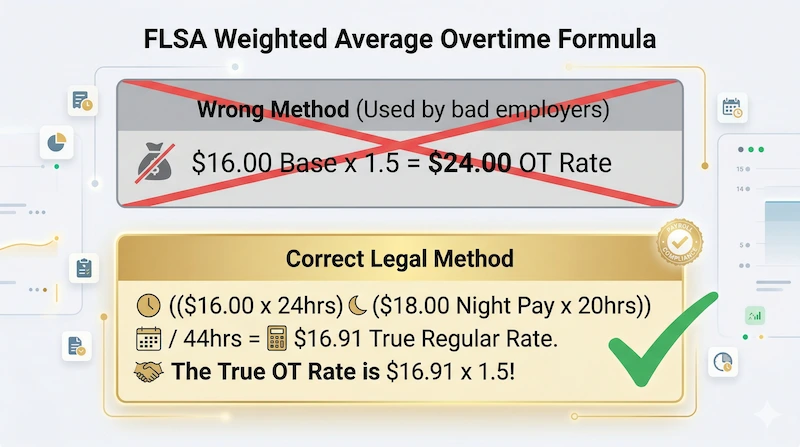 Visual math formula explaining how to use a weighted average to calculate overtime when an employee has both a base rate and a night shift differential.