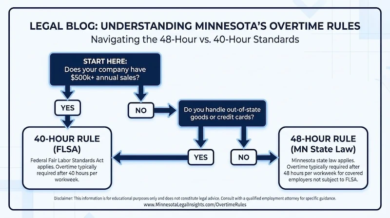 Flowchart explaining when the 40-hour federal rule or the 48-hour Minnesota state rule applies based on business revenue and interstate commerce.
