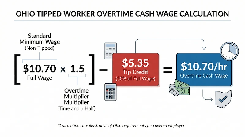 Visual mathematical breakdown showing the Ohio 50% tip credit and how it applies to the 1.5x overtime calculation for servers