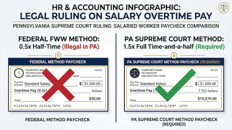Infographic comparing the illegal federal 0.5x fluctuating workweek overtime method against the legal Pennsylvania 1.5x salary overtime method