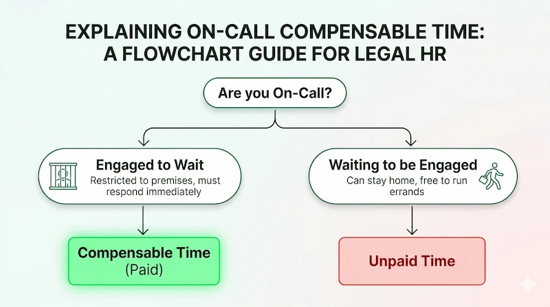 Flowchart explaining Washington on-call rules. 'Engaged to Wait' (restricted to premises, must respond immediately) leads to a green 'Paid Time' box. 'Waiting to be Engaged' (can stay home, long response time) leads to a red 'Unpaid Time' box.